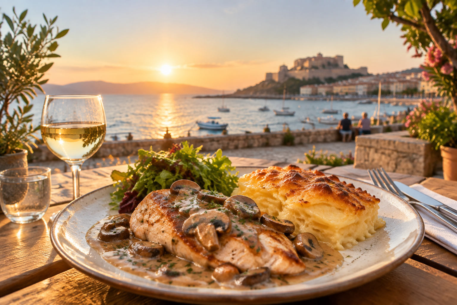 Illustration culinaire — filet de poulet sauce forestière et gratin dauphinois